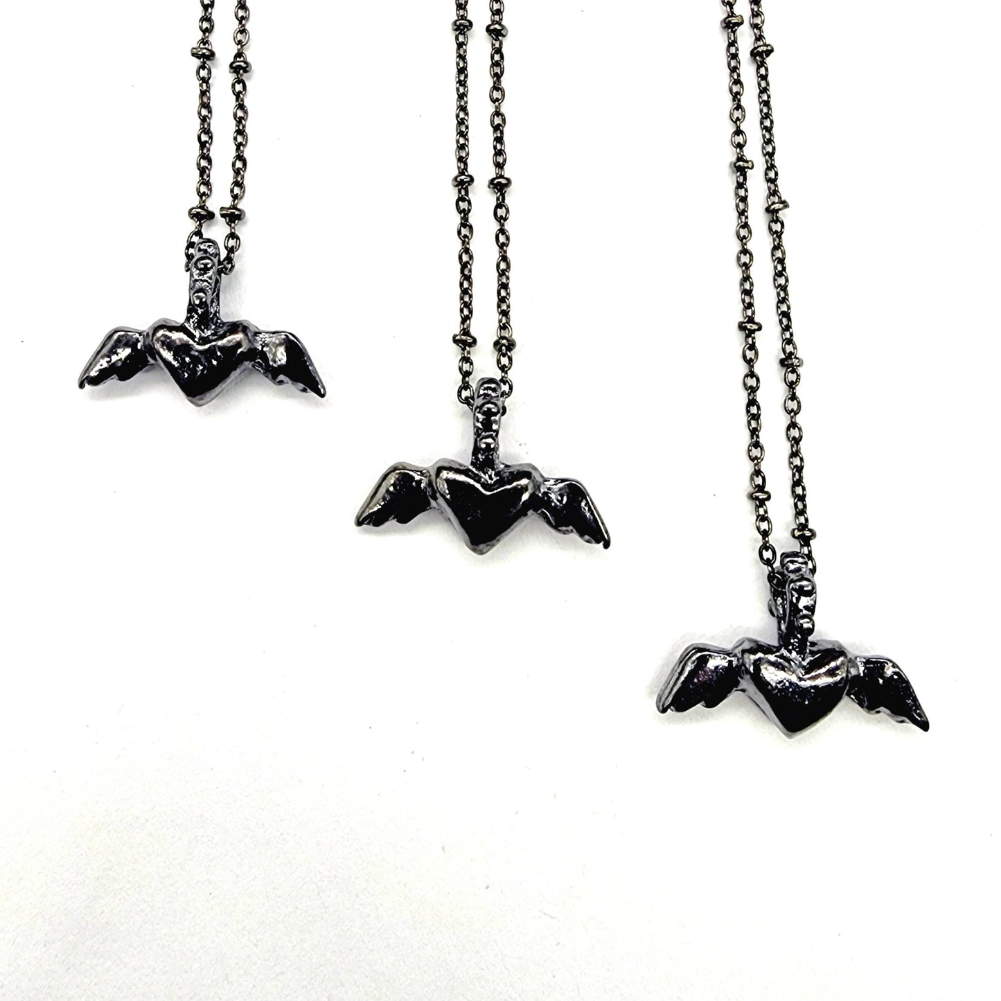 Gunmetal Winged Heart of Flight Pendant Necklace