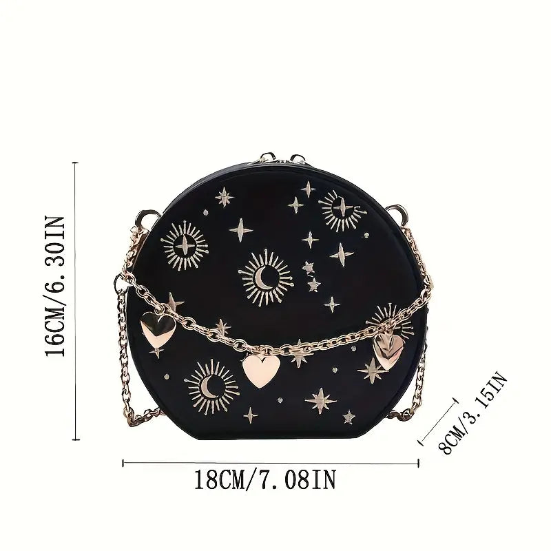 Mini Embroidered Round Bag, Chain Heart Decor Crossbody Bag, Star Moon Pattern