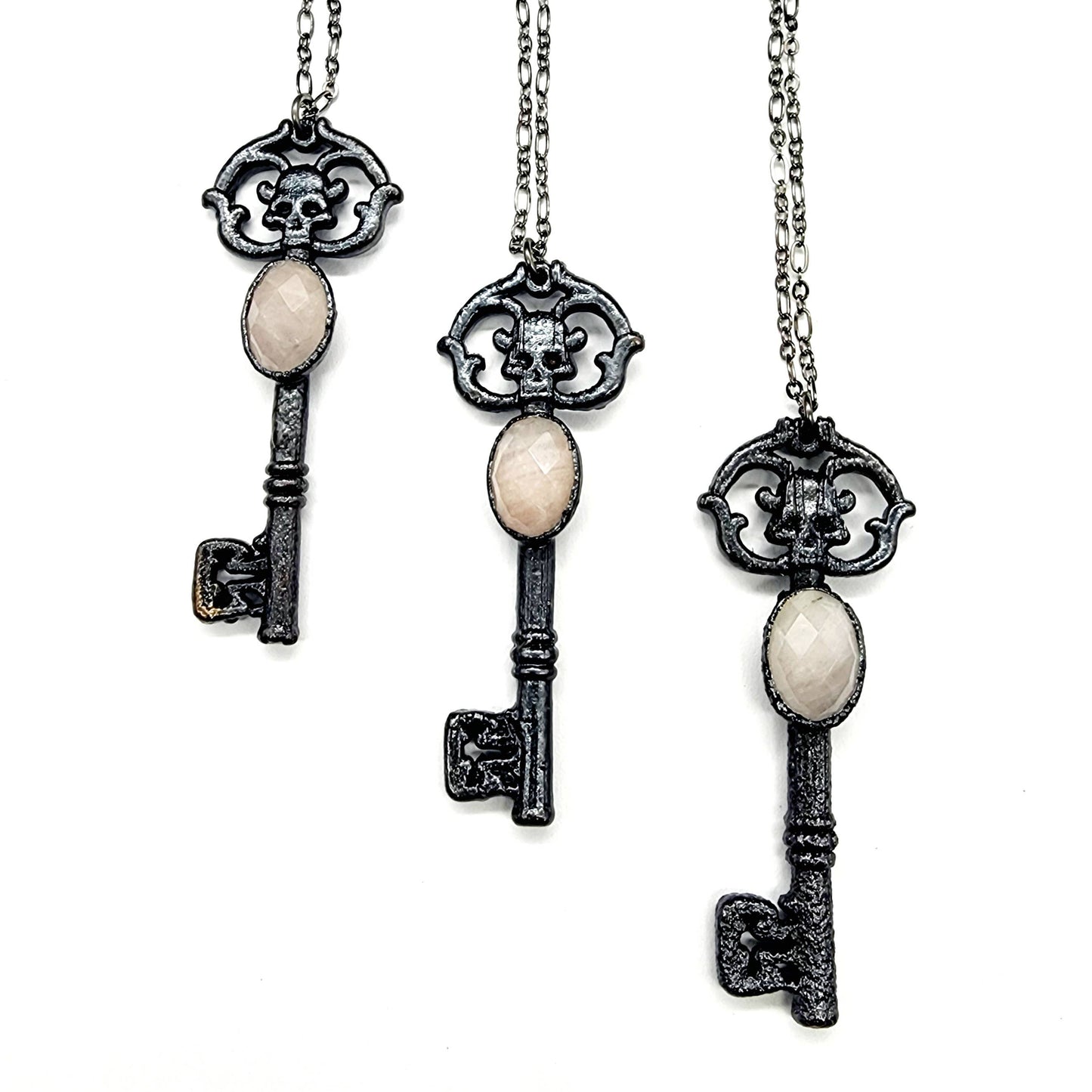 Skeleton Key Necklace-Rose Quartz // Electroformed Jewelry