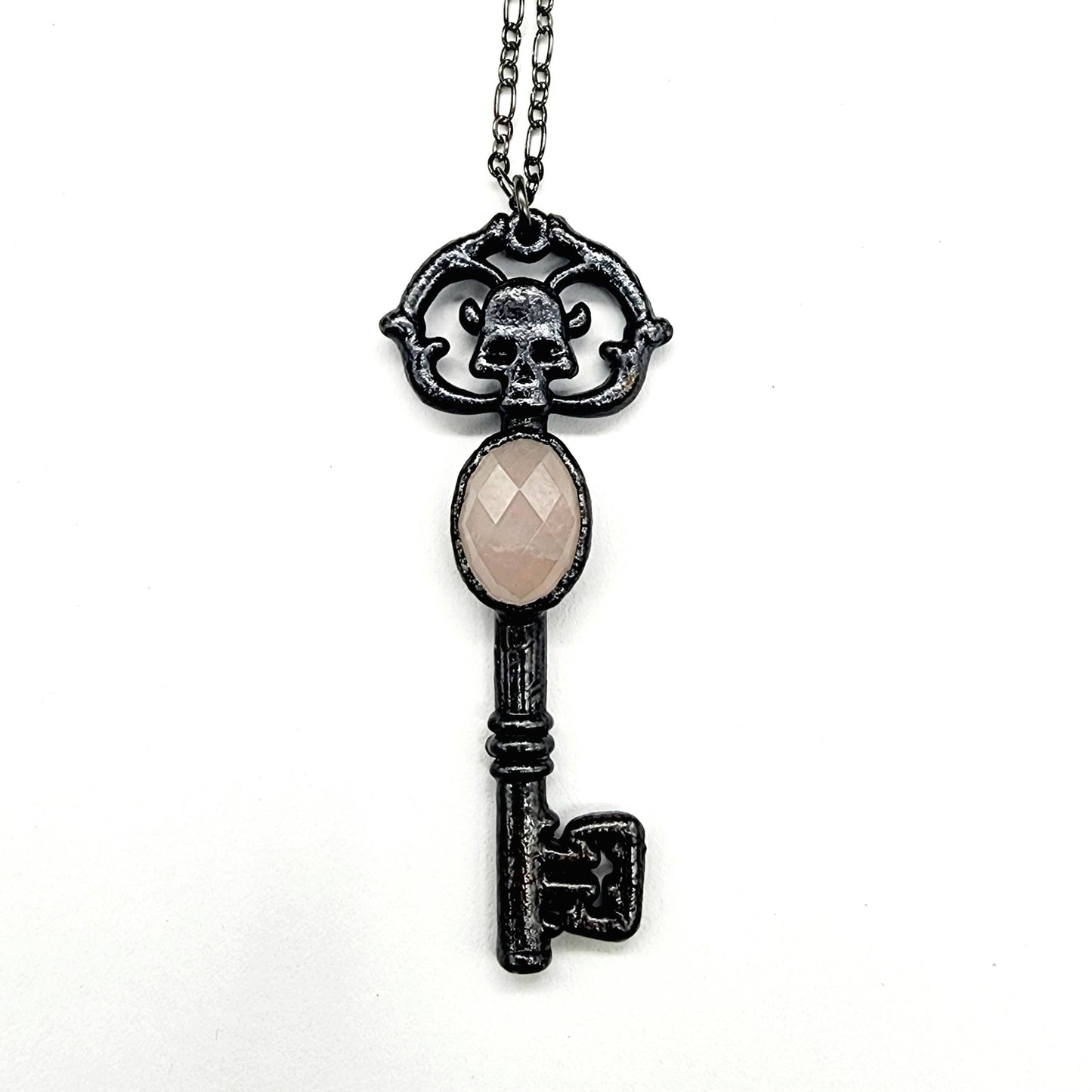 Skeleton Key Necklace-Rose Quartz // Electroformed Jewelry
