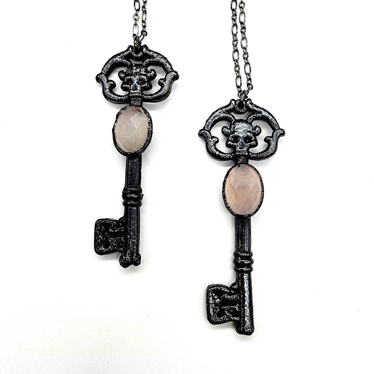 Skeleton Key Necklace-Rose Quartz // Electroformed Jewelry