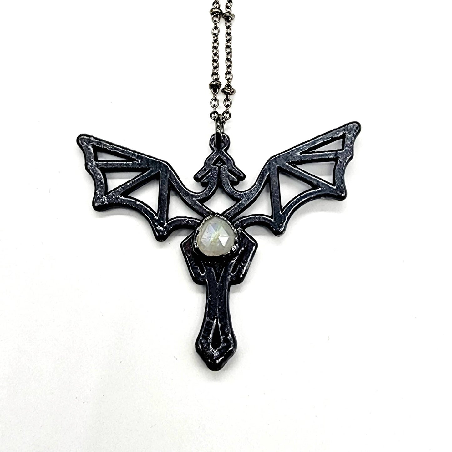 Faceted Rainbow Moonstone Dragon Pendant Necklace