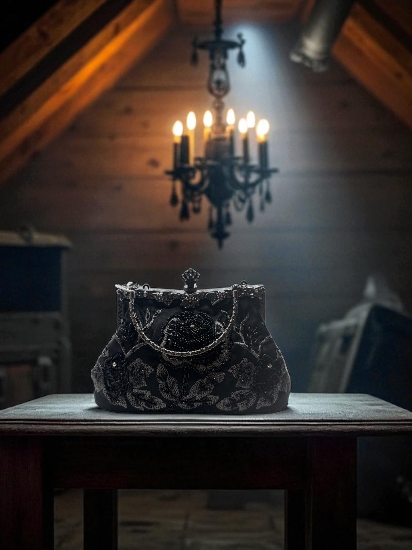 Solid Black Beaded Handbag
