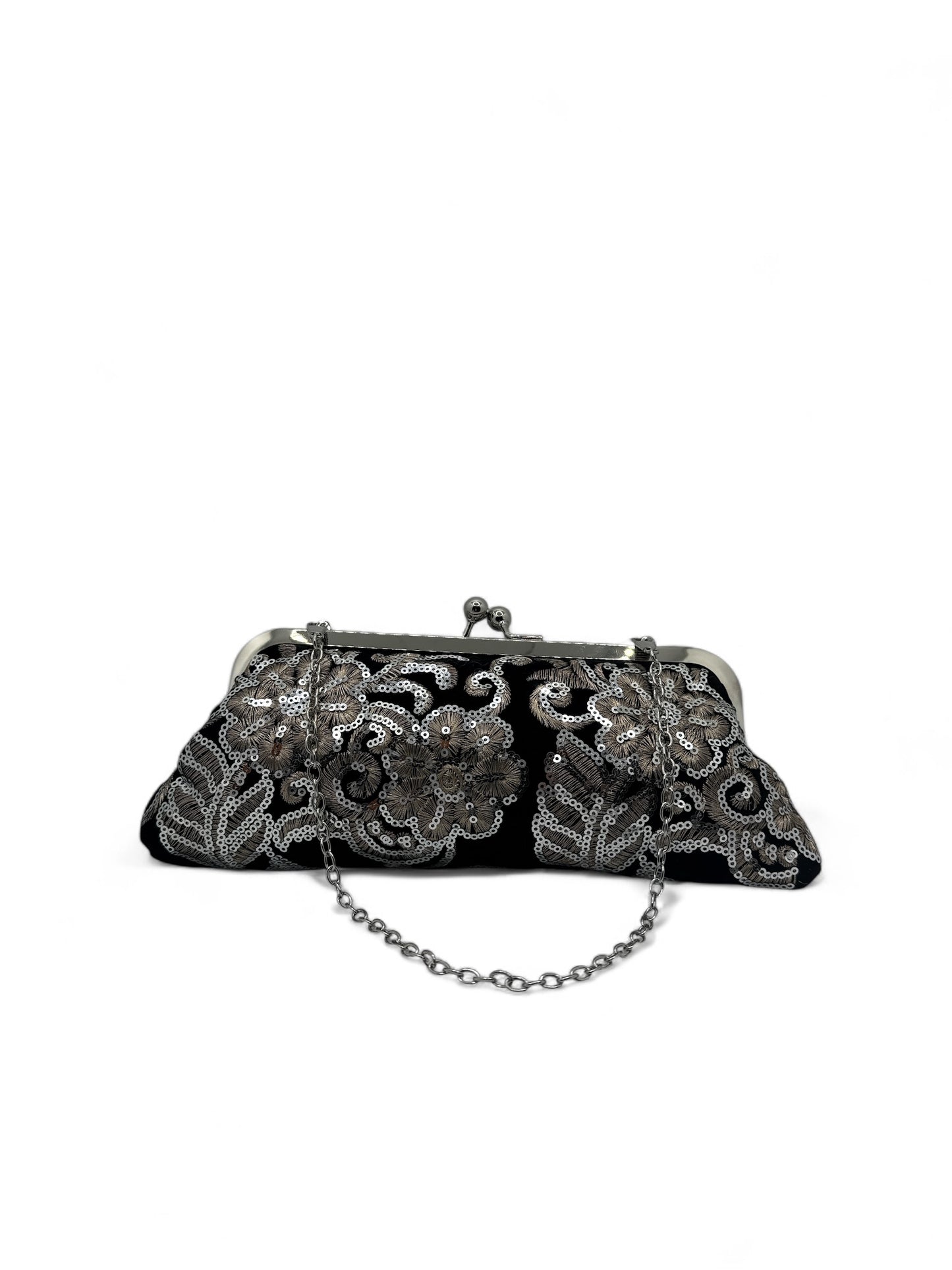 Elegant Black Velvet Clutch with Silver Embroidery and Chain Strap