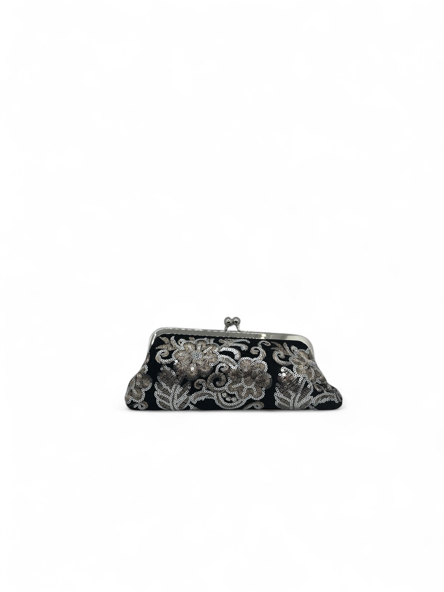 Elegant Black Velvet Clutch with Silver Embroidery and Chain Strap