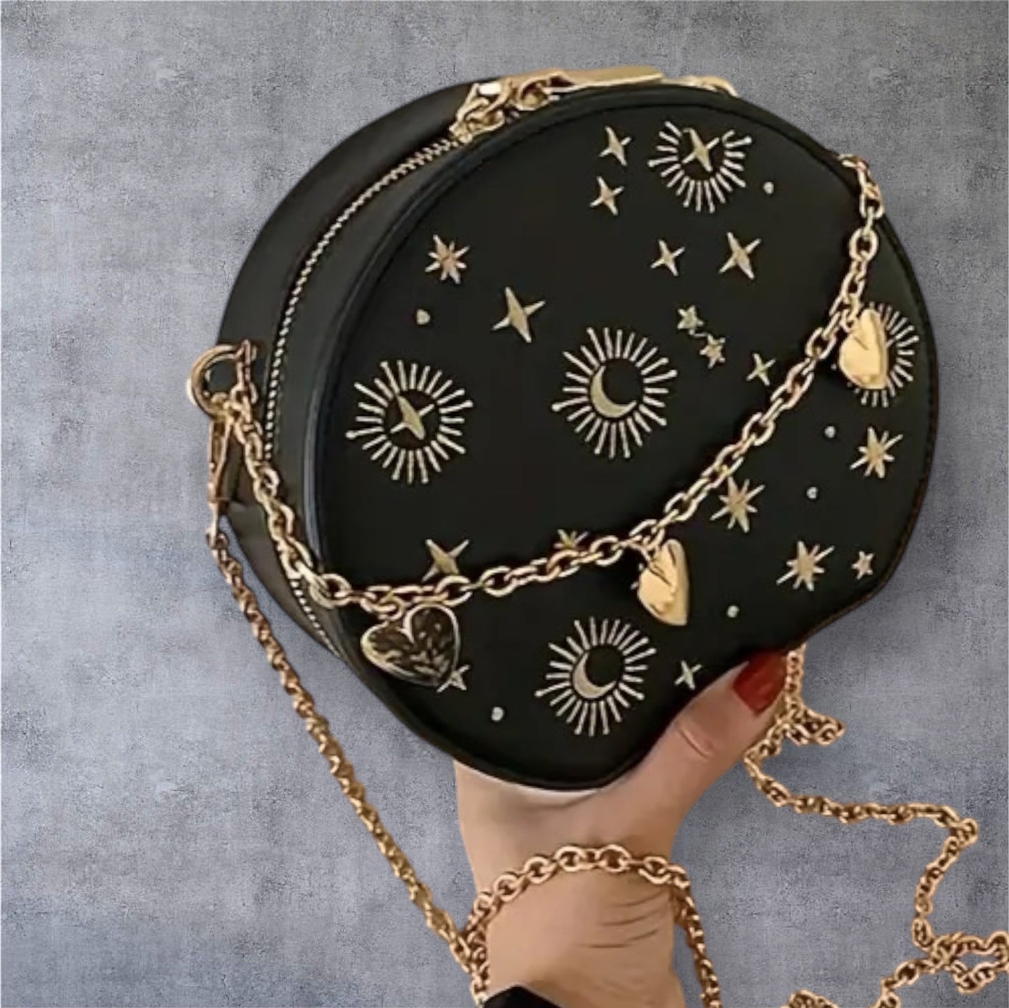 Mini Embroidered Round Bag, Chain Heart Decor Crossbody Bag, Star Moon Pattern