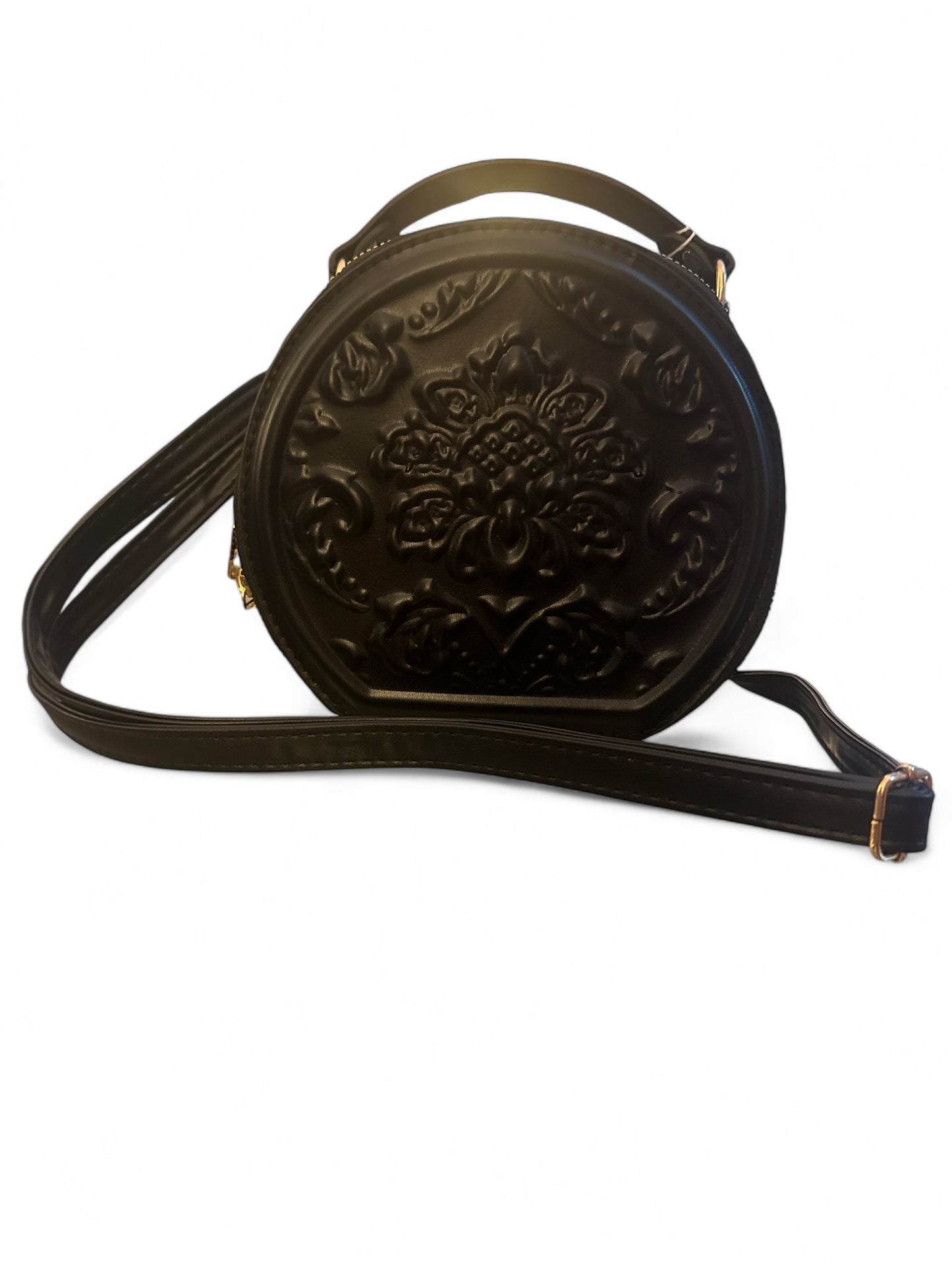 Vintage Style Embossed Floral Round Crossbody Bag