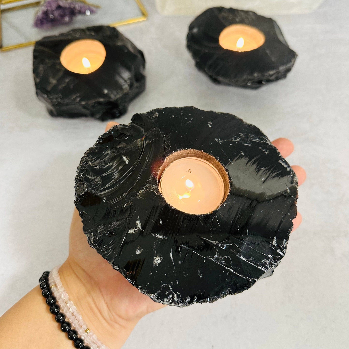 Crystal Obsidian Votive Tea Light Candle Holder