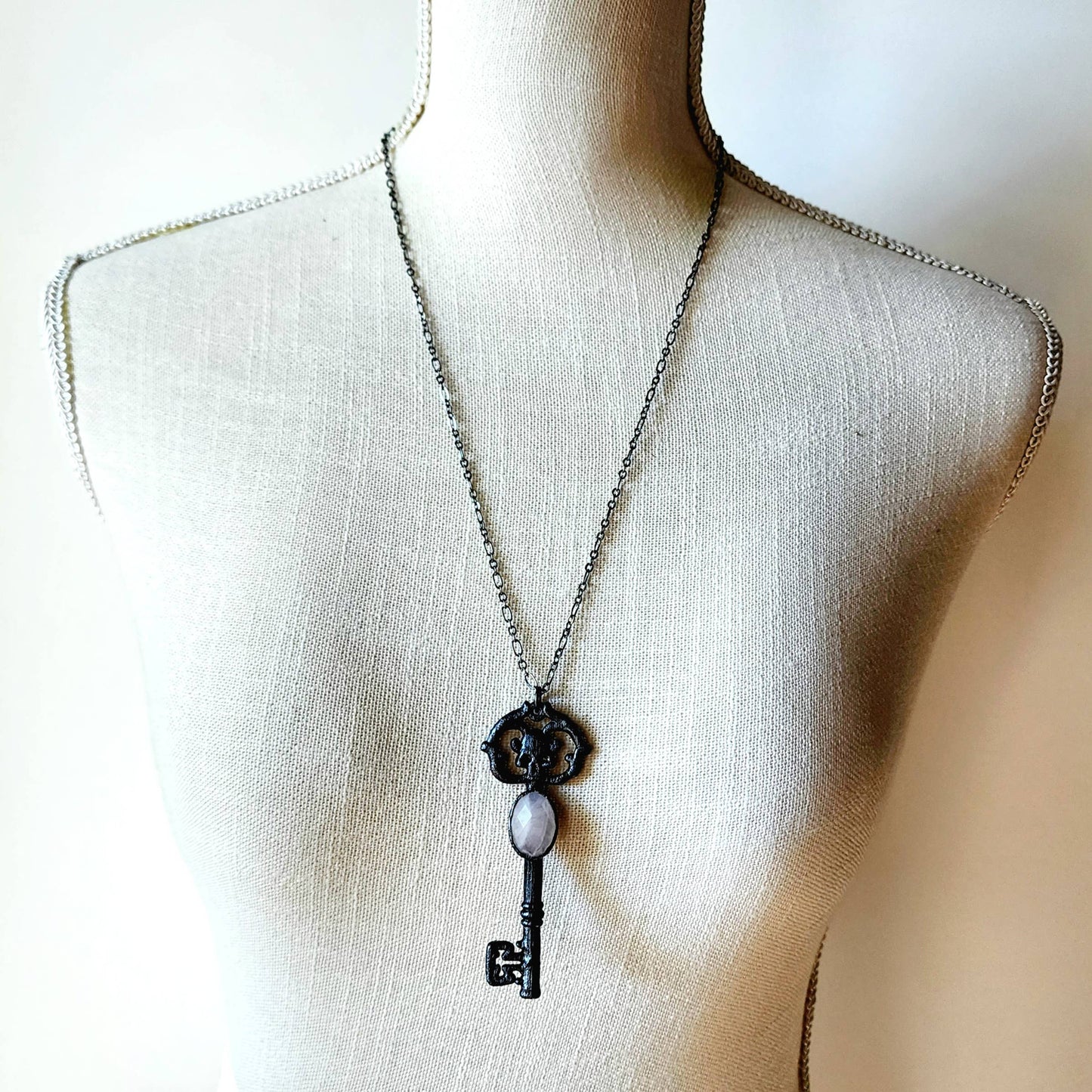 Skeleton Key Necklace-Rose Quartz // Electroformed Jewelry