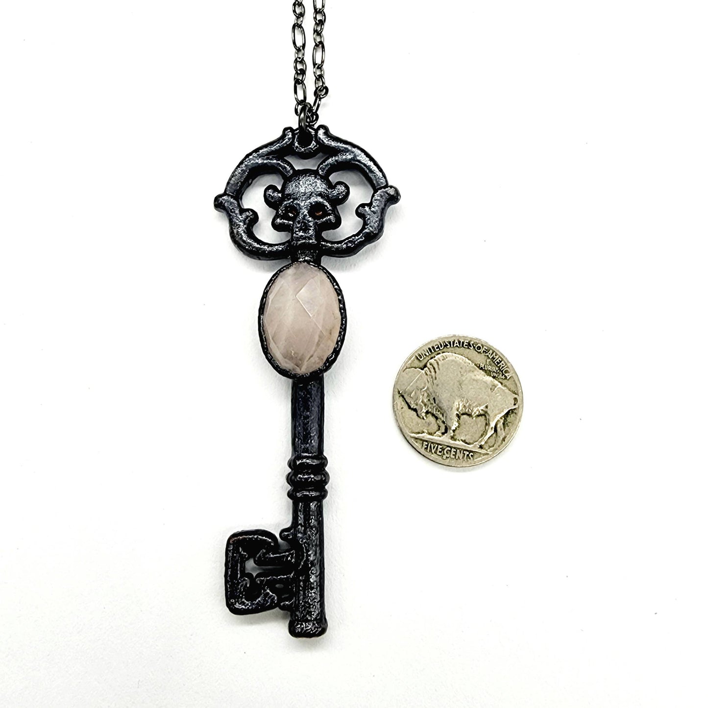 Skeleton Key Necklace-Rose Quartz // Electroformed Jewelry
