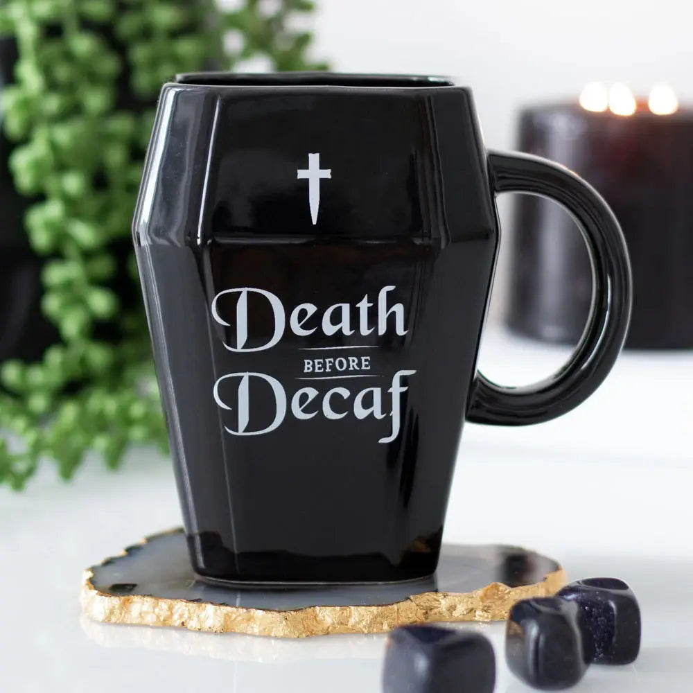 Gothic Halloween Death Before Decaf Coffin Mug image 0