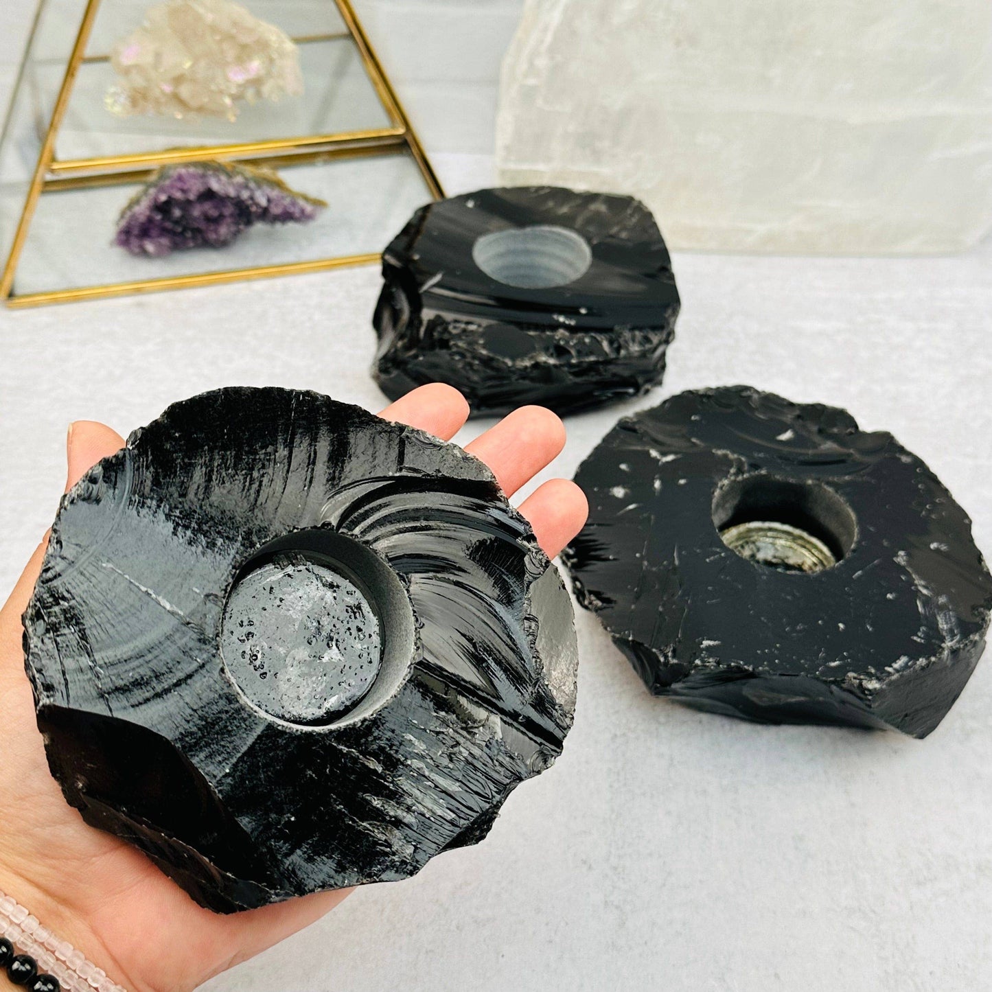 Crystal Obsidian Votive Tea Light Candle Holder