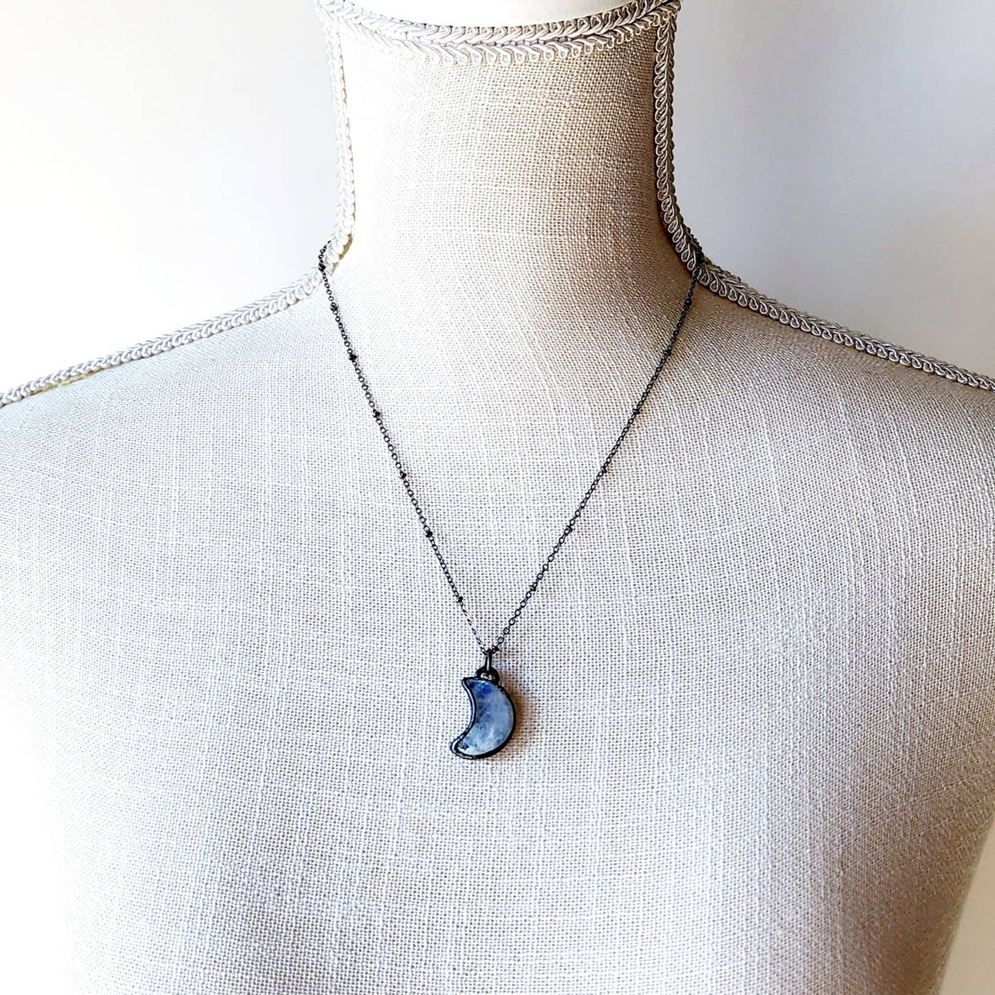 Petite Rainbow Moonstone Crescent Moon Necklace