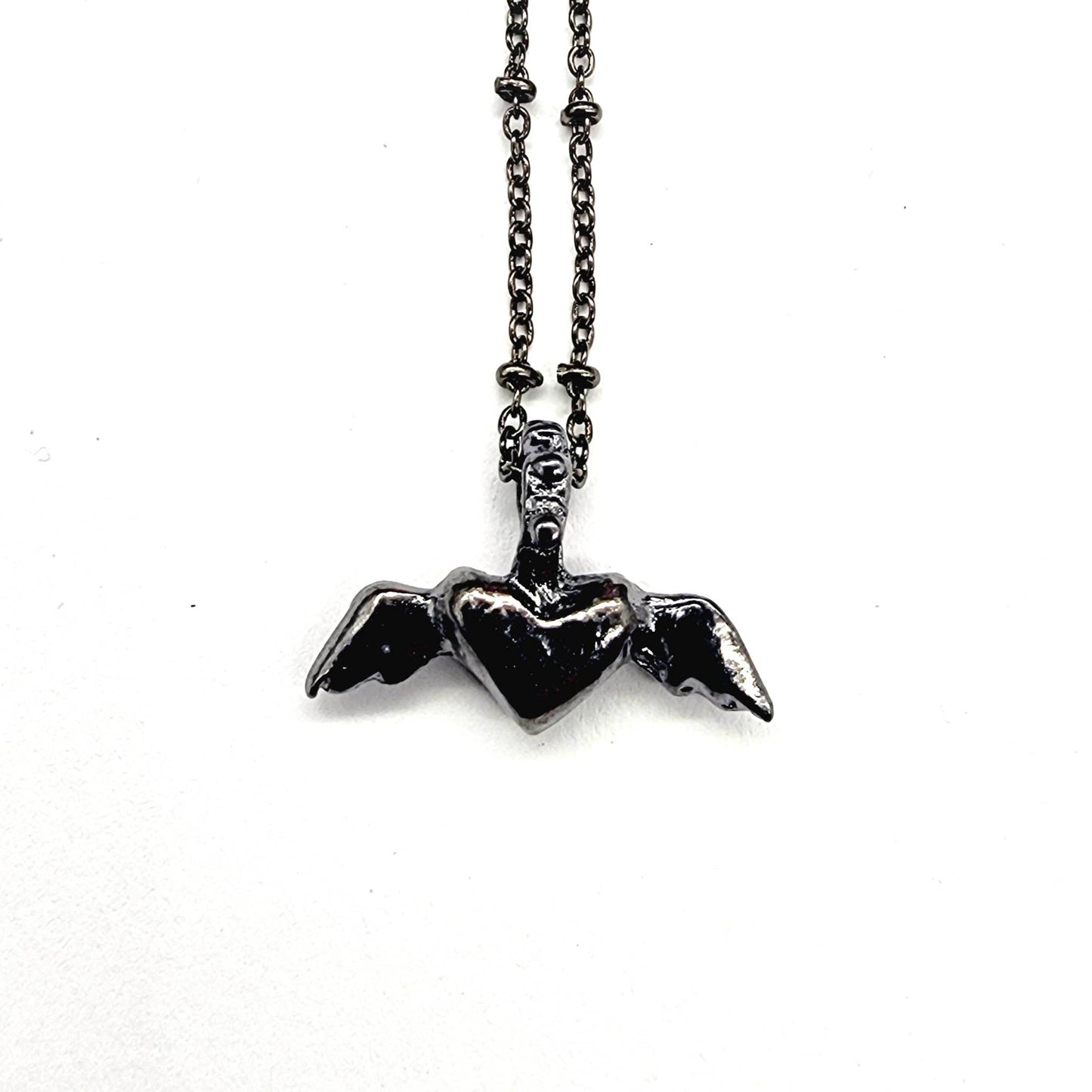 Gunmetal Winged Heart of Flight Pendant Necklace
