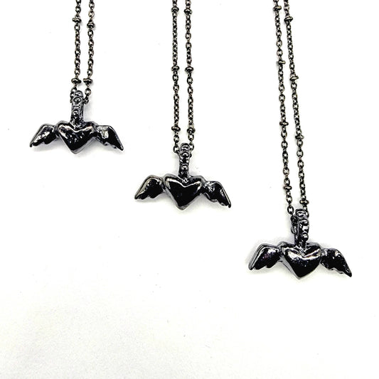 Gunmetal Winged Heart of Flight Pendant Necklace