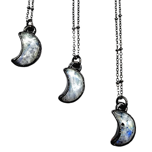 Petite Rainbow Moonstone Crescent Moon Necklace