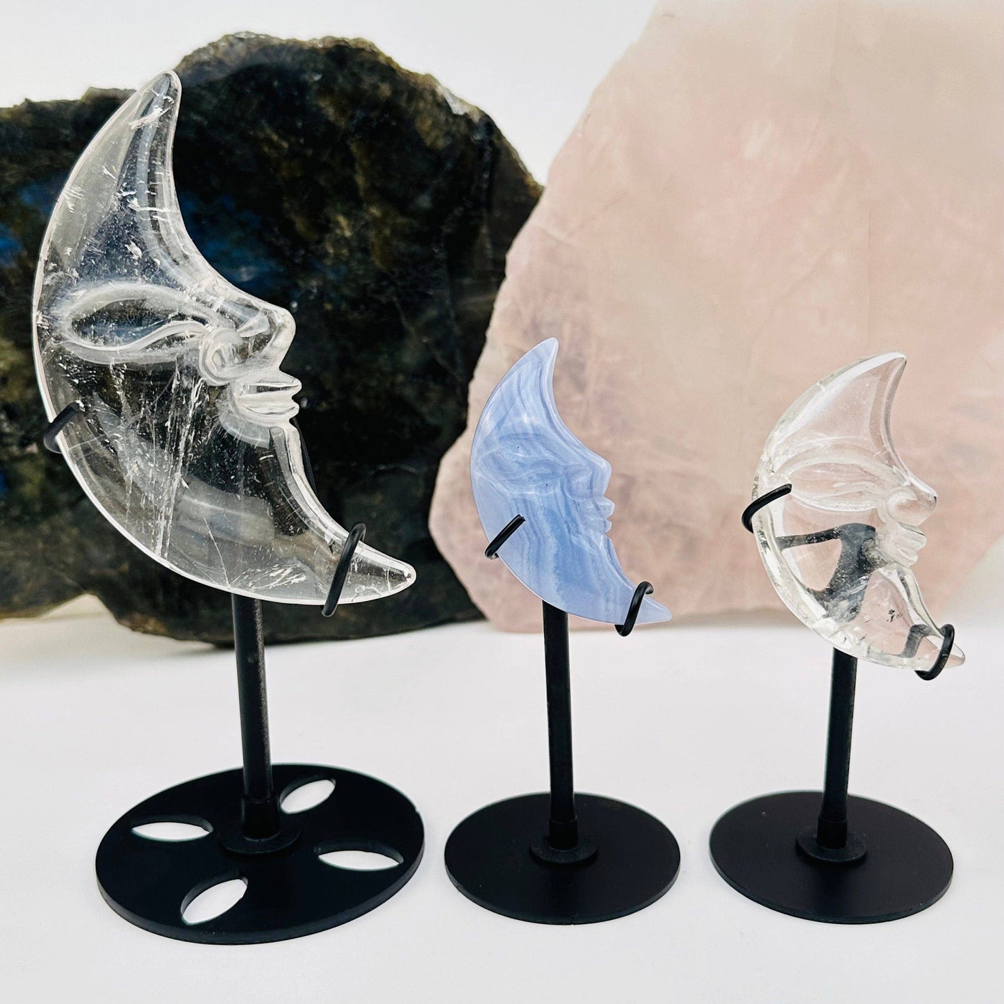 Crystal Moon Crescent on Stand - Quartz or Blue Lace Agate