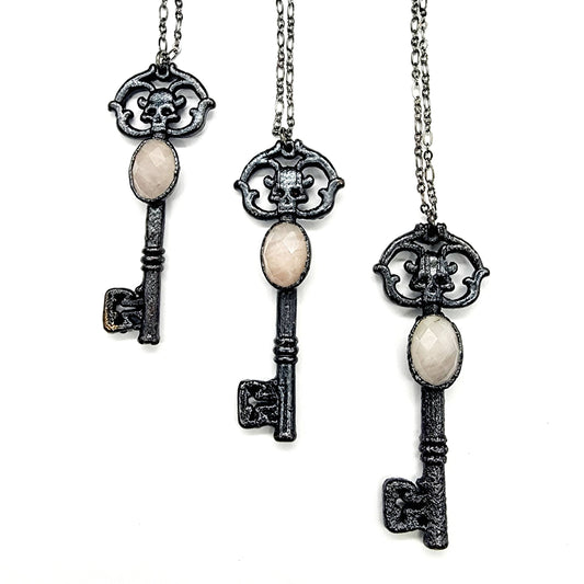 Skeleton Key Necklace-Rose Quartz // Electroformed Jewelry
