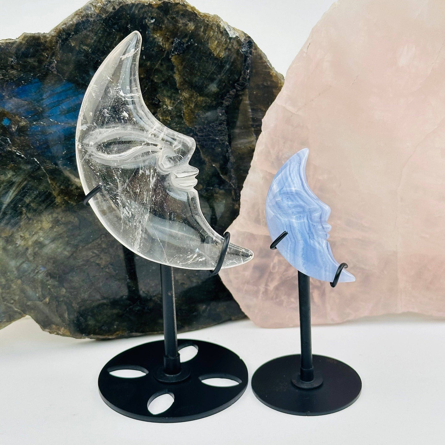 Crystal Moon Crescent on Stand - Quartz or Blue Lace Agate