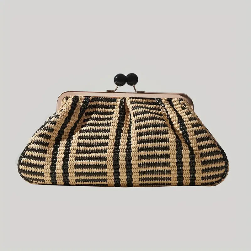 Black & White Braided Handbag with Golden-Tone Hardware