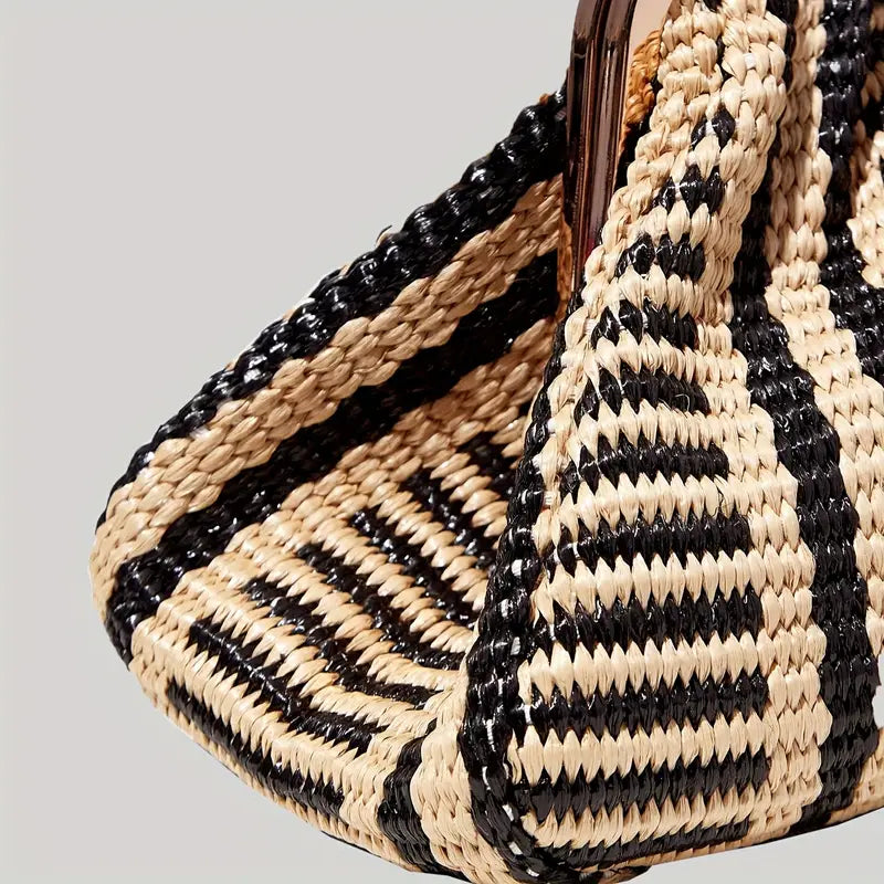 Black & White Braided Handbag with Golden-Tone Hardware