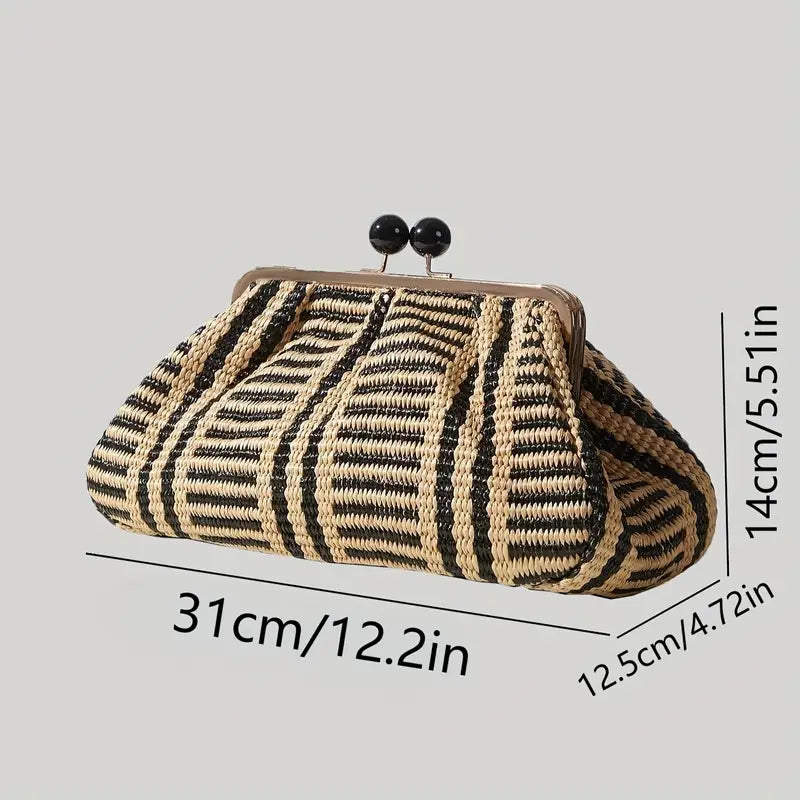 Black & White Braided Handbag with Golden-Tone Hardware