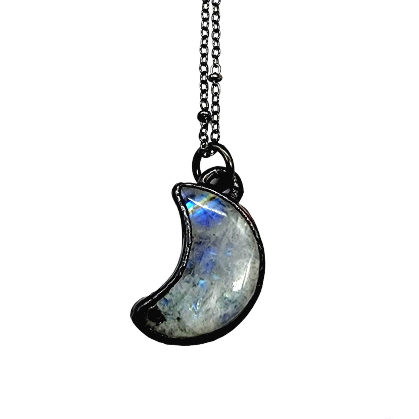 Petite Rainbow Moonstone Crescent Moon Necklace