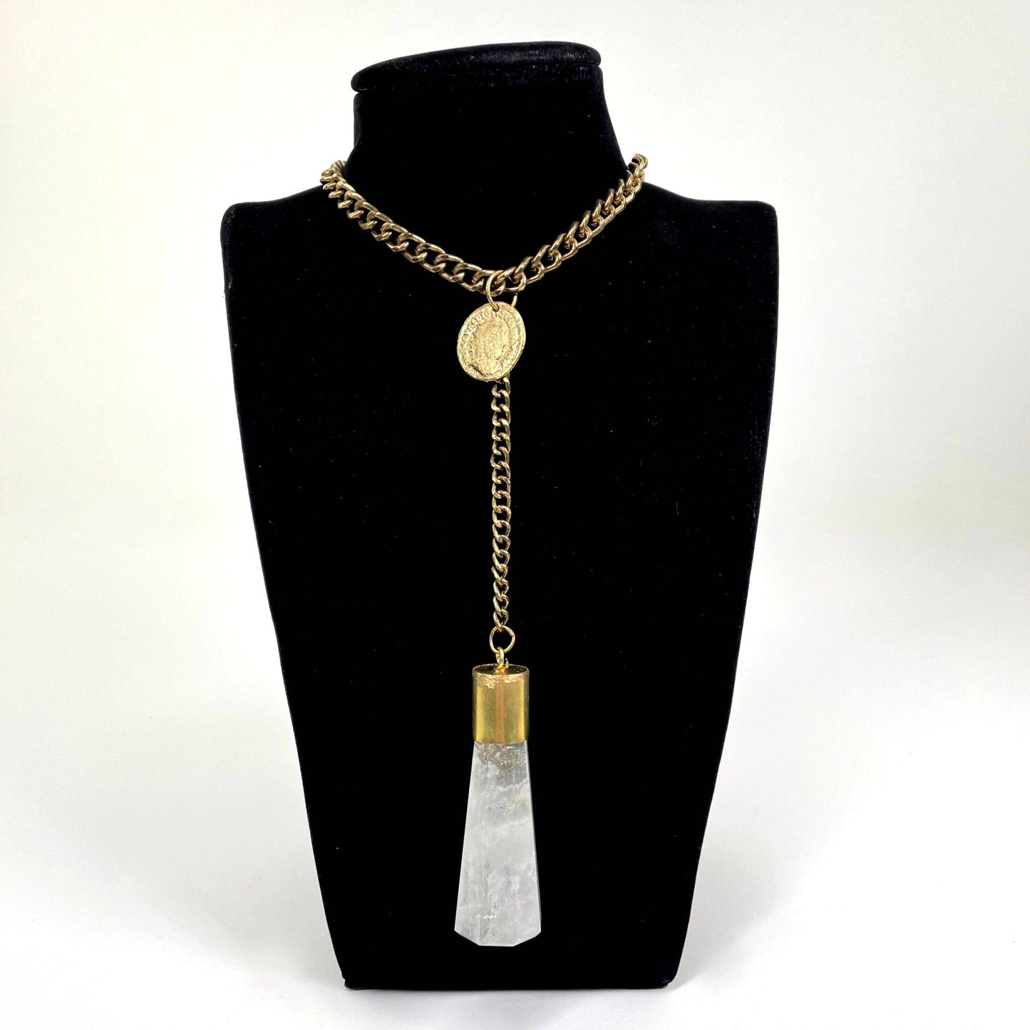 Gold Plated Chain Crystal Quartz and Coin Pendant Necklace