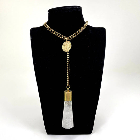 Gold Plated Chain Crystal Quartz and Coin Pendant Necklace