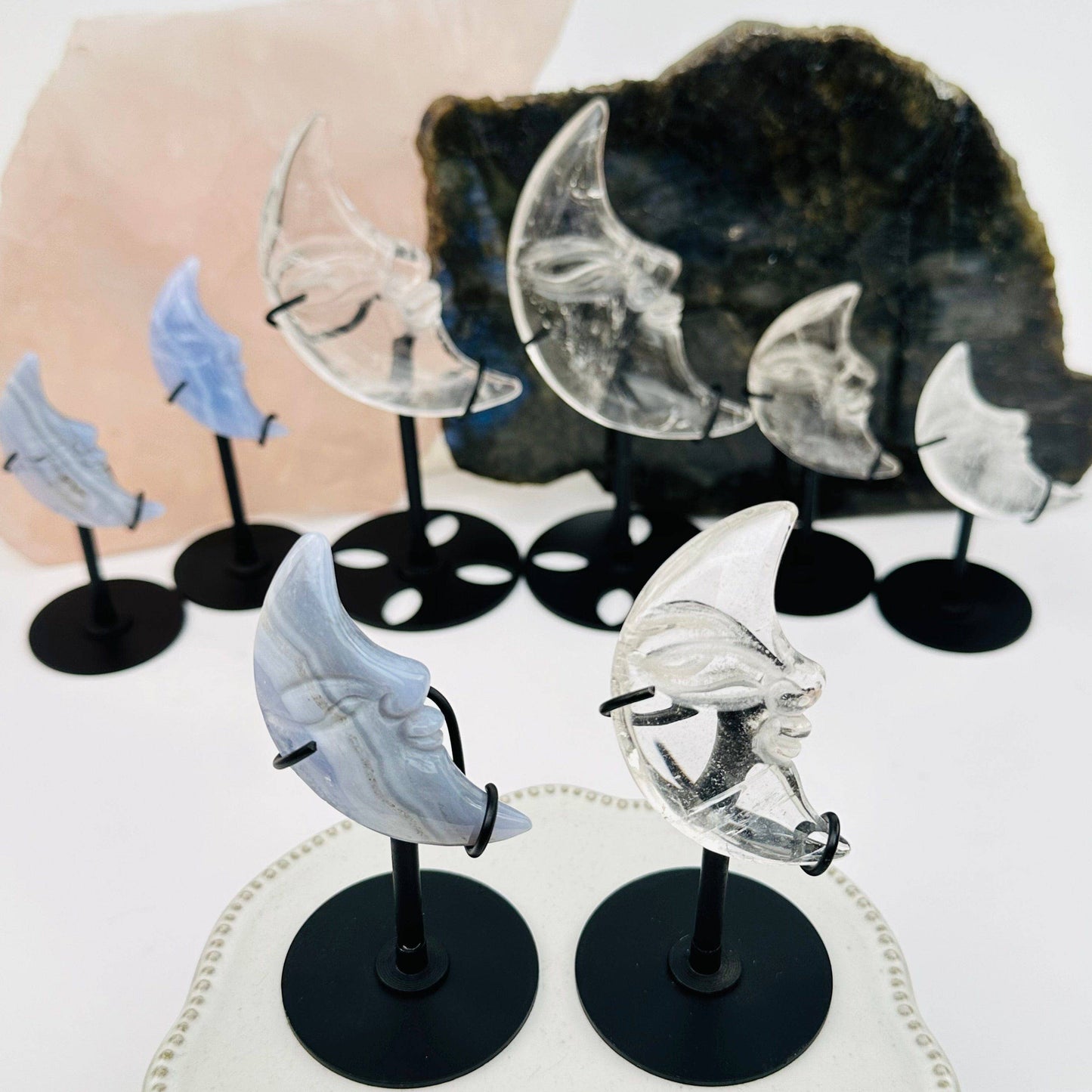 Crystal Moon Crescent on Stand - Quartz or Blue Lace Agate