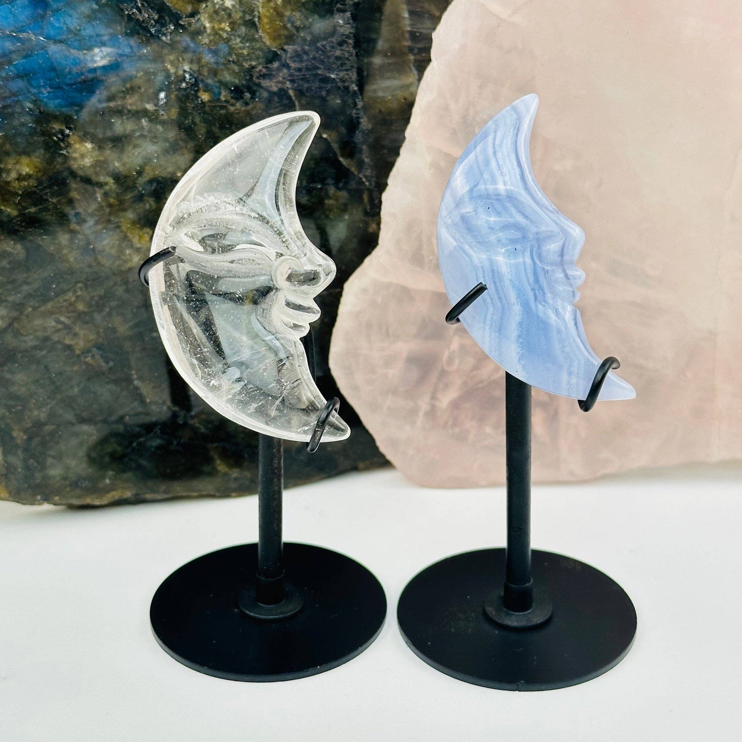 Crystal Moon Crescent on Stand - Quartz or Blue Lace Agate