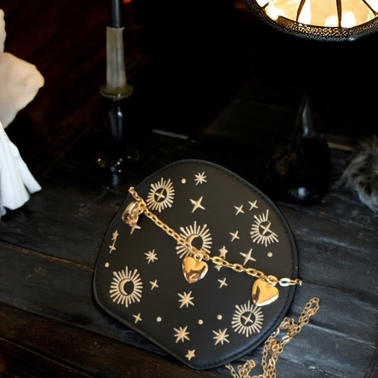 Mini Embroidered Round Bag, Chain Heart Decor Crossbody Bag, Star Moon Pattern