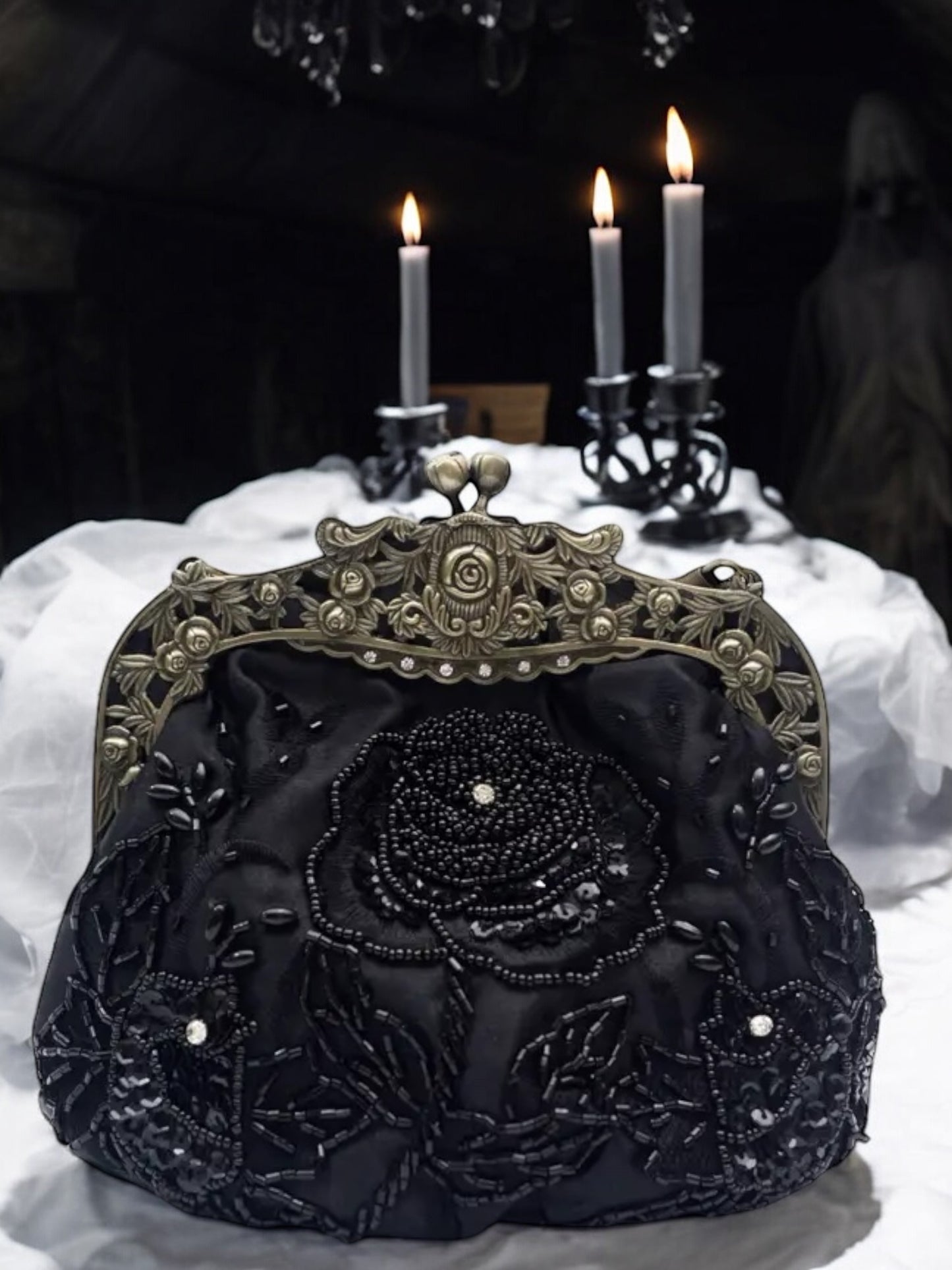 Flower Embossed Beaded Handbag