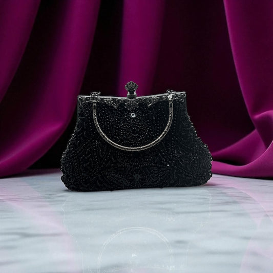 Solid Black Beaded Handbag