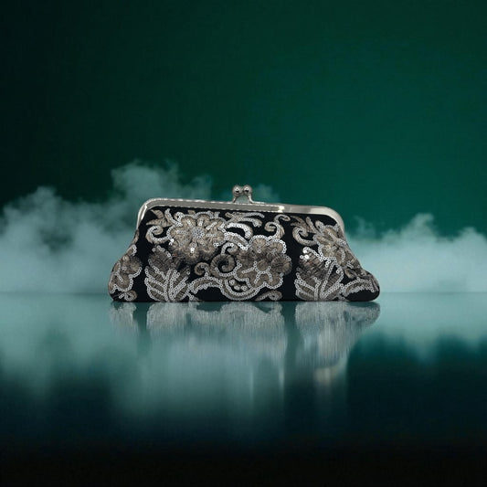 Elegant Black Velvet Clutch with Silver Embroidery and Chain Strap