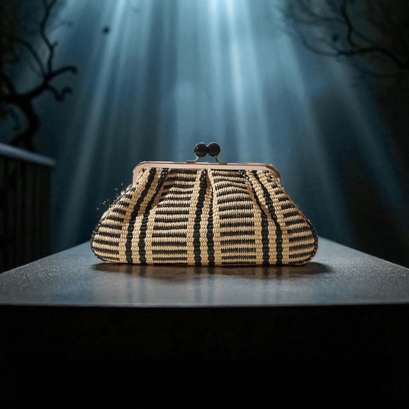 Black & White Braided Handbag with Golden-Tone Hardware
