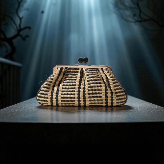 Black & White Braided Handbag with Golden-Tone Hardware