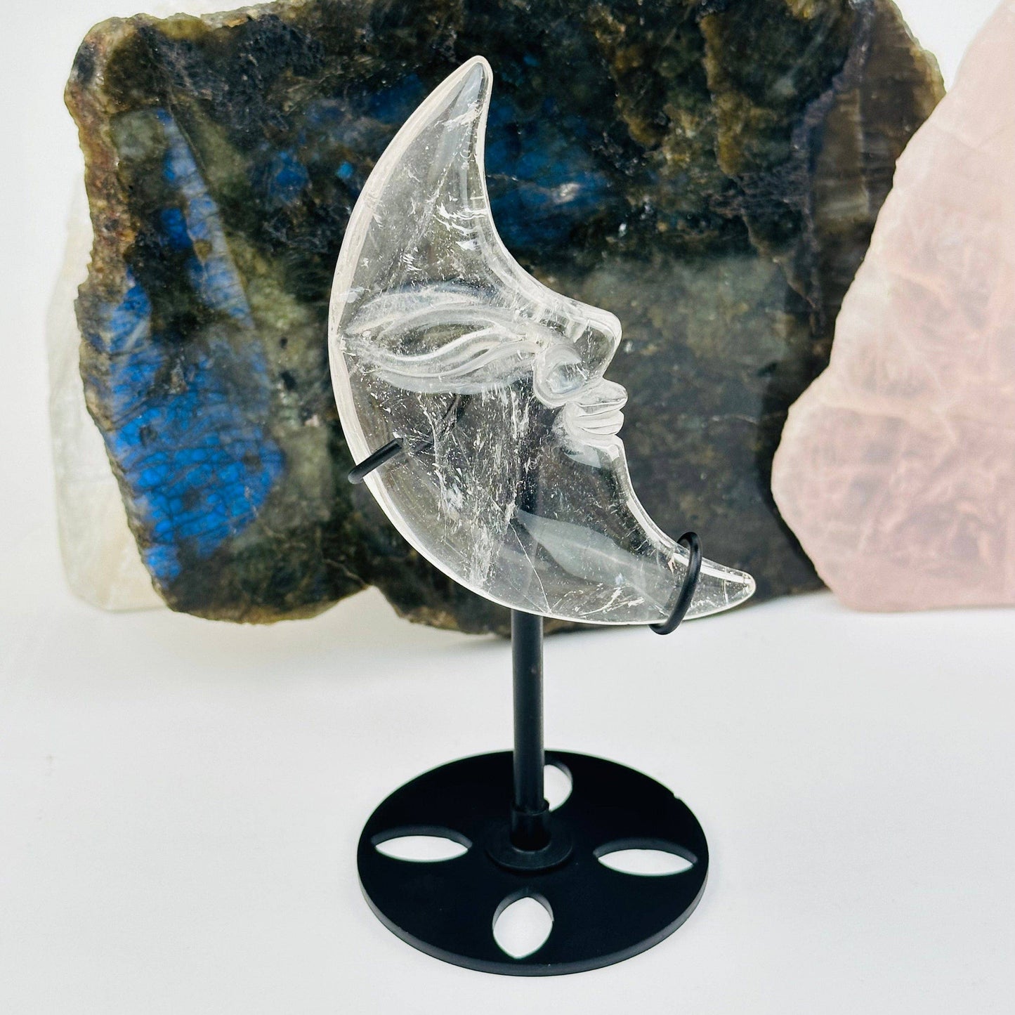 Crystal Moon Crescent on Stand - Quartz or Blue Lace Agate