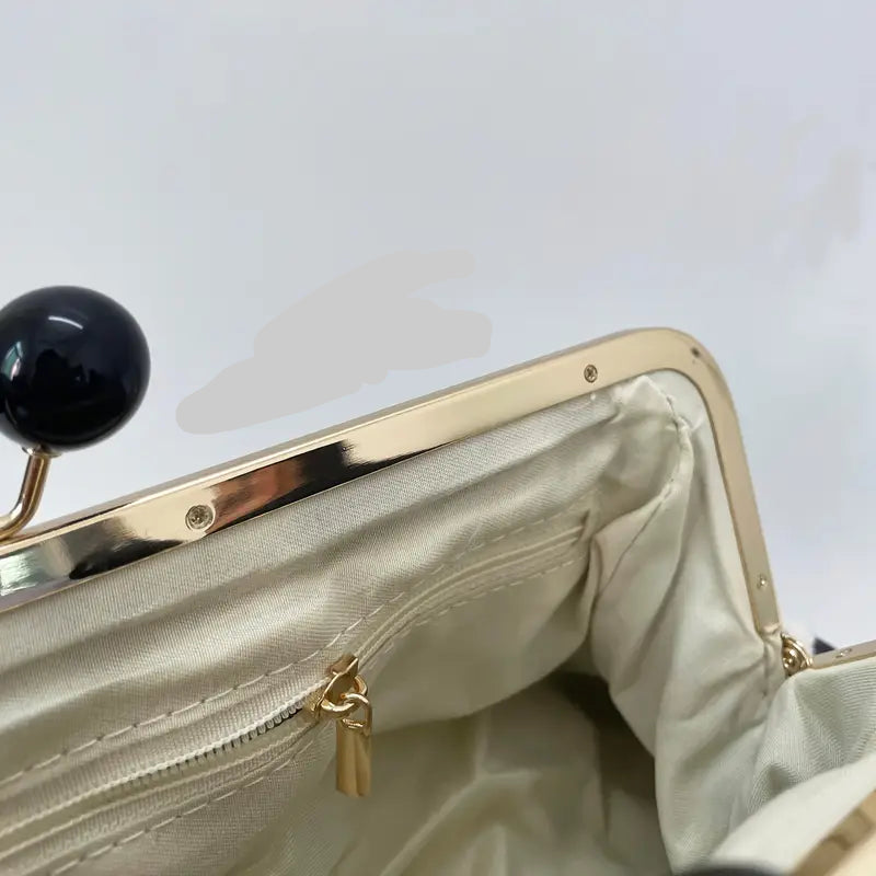Black & White Braided Handbag with Golden-Tone Hardware