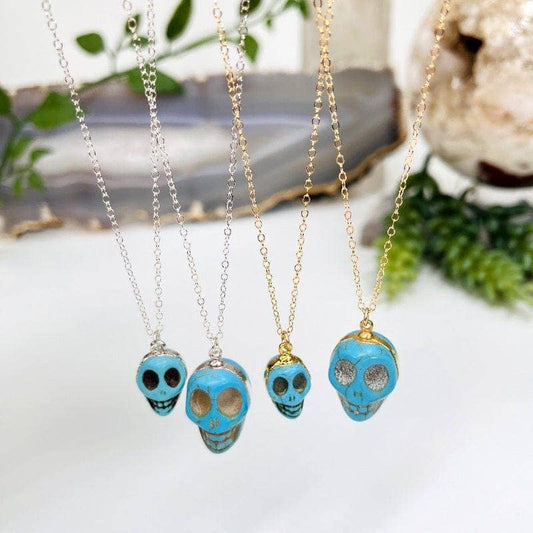 Crystal Turquoise Howlite Skull Pendant Electroplated