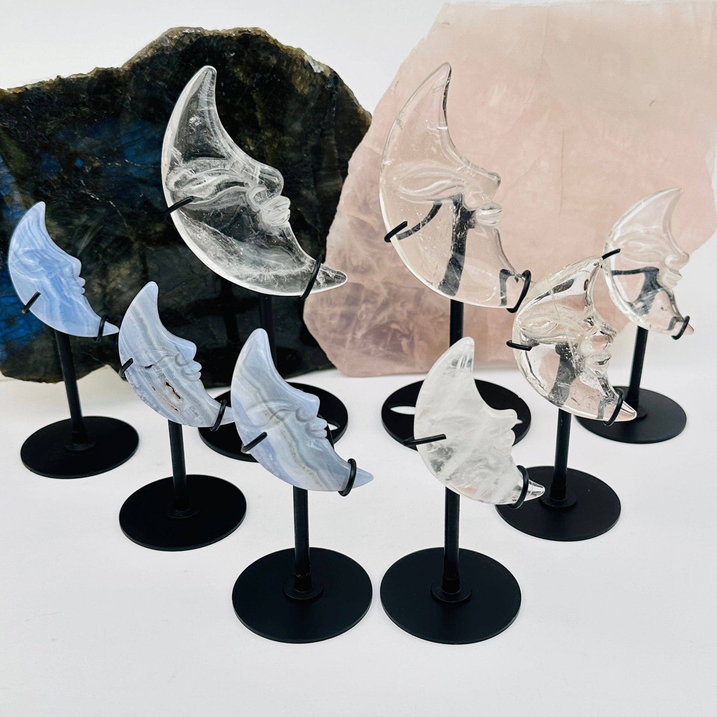 Crystal Moon Crescent on Stand - Quartz or Blue Lace Agate