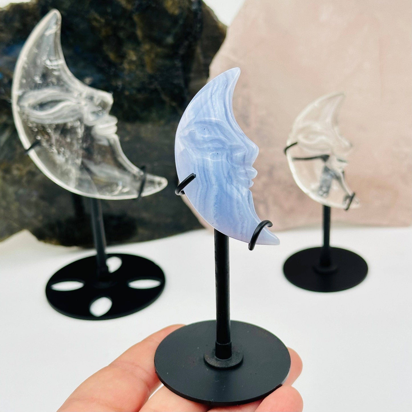 Crystal Moon Crescent on Stand - Quartz or Blue Lace Agate